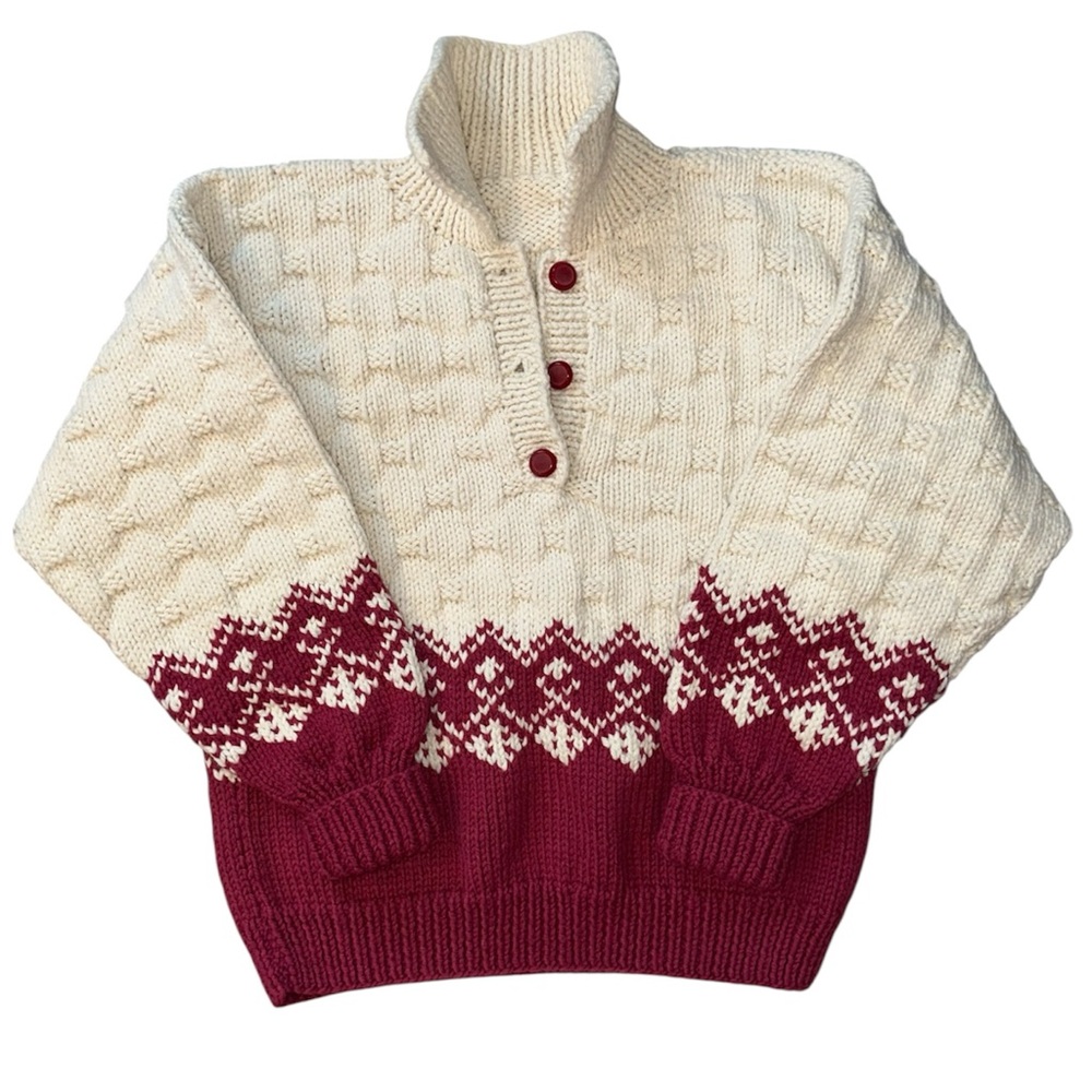 Vintage MARY MAXIM Cream and Raspberry Hand Knit Pullover with Fair Isle Border